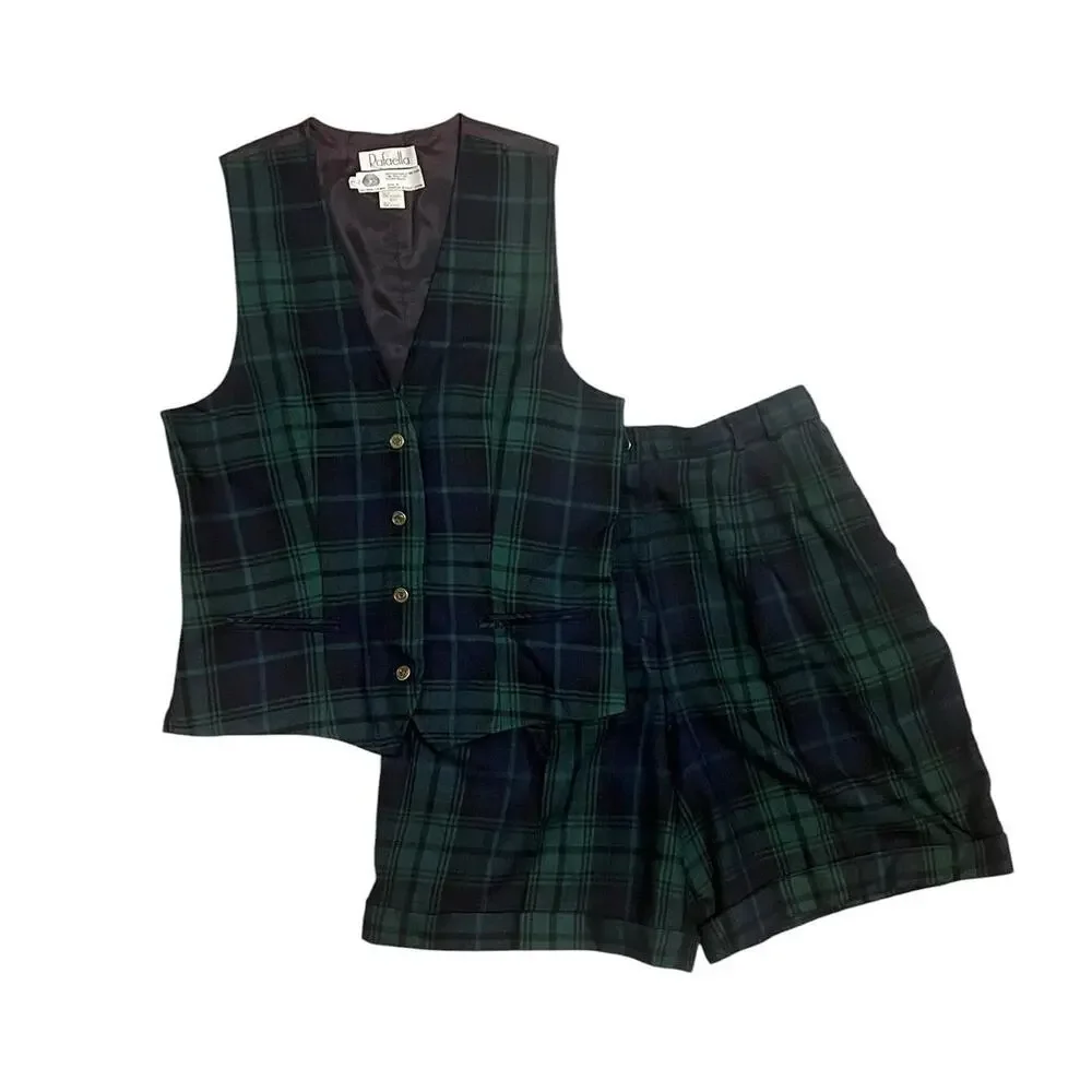 Vintage Preppy Steampunk Tartan Plaid Rafaella Wool Vest Shorts Set Sz L/14